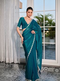 Kalista Fashion - Women Blue Organza Embellished Saree with Unstitched Blouse