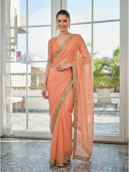 Kalista Fashion - Women Peach Tissue Embellished Saree with Unstitched Blouse