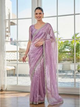 Kalista Fashion - Women Lavender Organza Embellished Saree with Unstitched Blouse