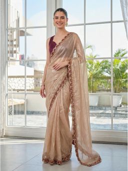 Kalista Fashion - Women Beige Organza Embellished Saree with Unstitched Blouse