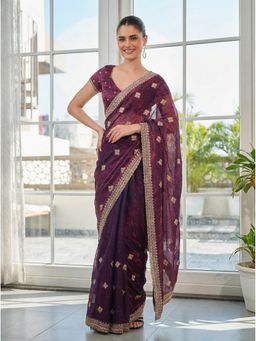 Kalista Fashion - Women Purple Tissue Embroidered Saree with Unstitched Blouse