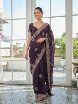 Kalista Fashion - Women Purple Chiffon Embroidered Saree with Unstitched Blouse