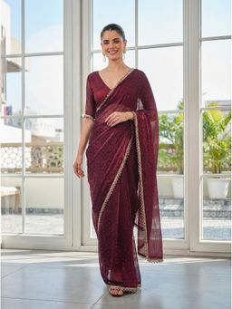 Kalista Fashion - Women Burgundy Organza Embellished Saree with Unstitched Blouse