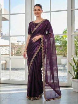 Kalista Fashion - Women Purple Organza Embellished Saree with Unstitched Blouse