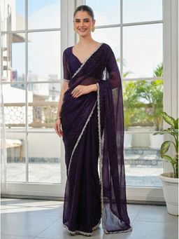 Kalista Fashion - Women Purple Organza Embellished Saree with Unstitched Blouse