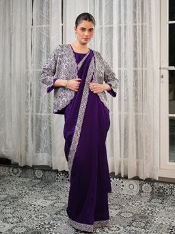 Kalista Fashion - Women Purple Chiffon Embellished Saree with Unstitched Blouse