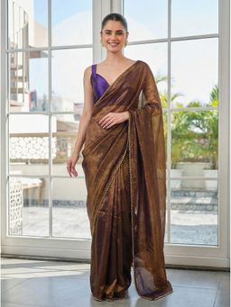 Kalista Fashion - Women Gold Tissue Embellished Saree with Unstitched Blouse