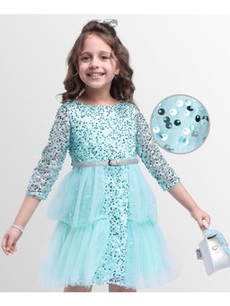 Hola Bonita - Knit Three Forth Sleeves Partywear Glitter Sequinned Mesh Dress with Belt