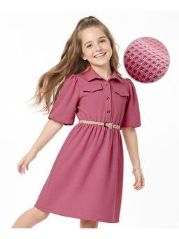 Hola Bonita - Knit Half Sleeves Solid Textured Dress with Belt