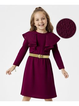 Hola Bonita - Knit Three Fourth Sleeves Textured Colour Textured Fabric Dress With Belt
