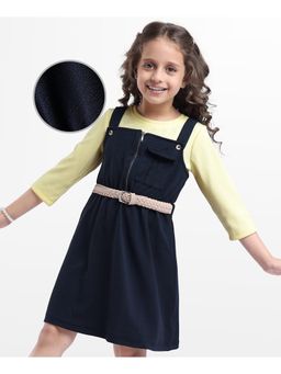Hola Bonita - Knit Three Fourth Sleeves Solid Colour Frock With Inner T-shirt & Belt