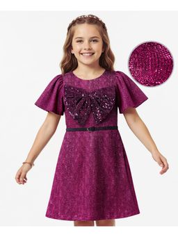 Hola Bonita - Knit Half Frill Sleeves Glitter Partywear Dress With Belt