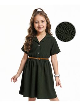 Hola Bonita - Woven Half Sleeves Solid Textured Dress With Belt