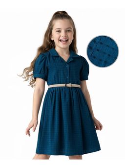 Hola Bonita - Woven Texture Half Sleeve Texture Solid Frock with Belt