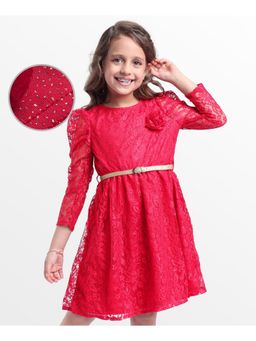 Hola Bonita - Knit Three Fourth Sleeves Lace Dress With Belt