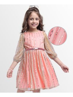 Hola Bonita - Knit Three Fourth Sleeves Shimmered Party Dress With Belt