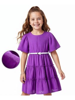 Hola Bonita - Woven Half Sleeves Flutter Solid Dobby Tired Dress With Belt