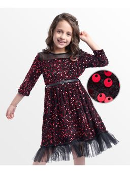 Hola Bonita - Knit Three Fourth Sleeves Velvet Party Dress With Belt