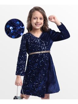 Hola Bonita - Knit Full Sleeves Velvet Sequin Asymmetrical Party Dress With Belt