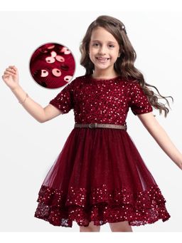 Hola Bonita - Knit Half Sleeves All Over Sequin with Glitter Mesh Dress With Belt