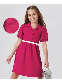 Hola Bonita - Knit Half Sleeves Solid Color Textured Fabric Dress With Belt
