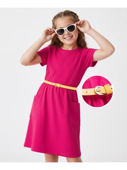 Hola Bonita - Knit Half Sleeves Solid Textured Fabric Dress With Belt