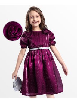 Hola Bonita - Woven Ruched Half Sleeves Shimmer Party Dress With Belt