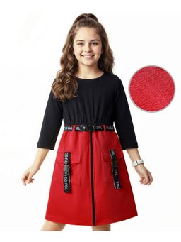 Hola Bonita - Knit Three Fourth Sleeves Solid Color Dress With Belt