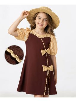 Hola Bonita - Knit Half Sleeves Frock with Lace Detailing & Bow Applique