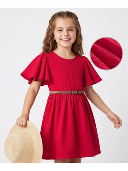 Hola Bonita - Knit Half Flutter Sleeves Solid Texture Dress With Belt