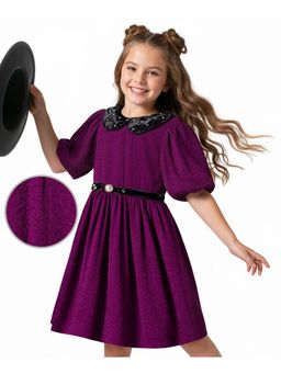 Hola Bonita - Peter Pan Collar Solid Color Texture Dress With Belt