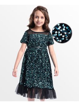 Hola Bonita - Knit Half Sleeves Velvet Party Dress With Belt