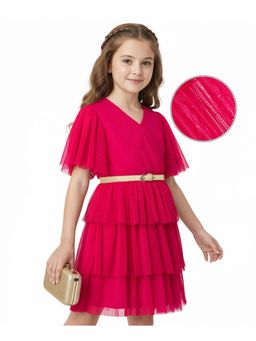 Hola Bonita - Knit Flared Sleeves Pleated Party Dress With Belt