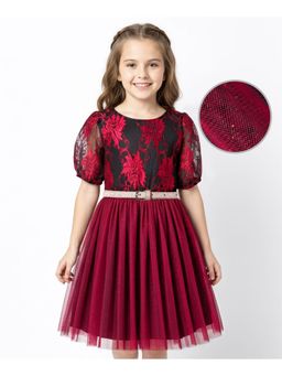 Hola Bonita - Half Sleeves Floral Lace & Glitter Mesh Detailing Party Dress With Belt