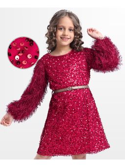 Hola Bonita - Knit Full Fur Sleeves Party Dress With Belt