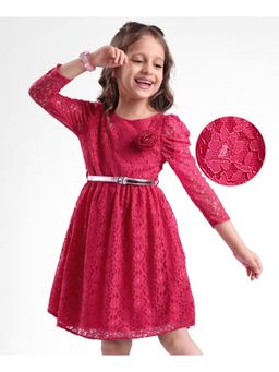 Hola Bonita - Woven Three Fourth Sleeves Frock With Floral Applique & Belt