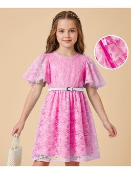 Hola Bonita - Knit Flutter Sleeves Frock With Belt