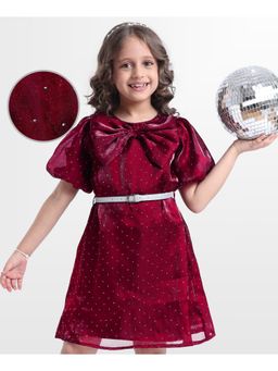 Hola Bonita - Woven Half Sleeves Shimmer Party Dress With Belt