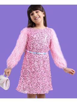 Hola Bonita - Fur Long Sleeves All Over Sequin Detailing Party Dress With Belt