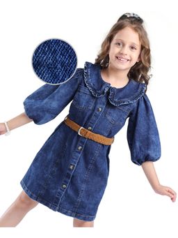 Hola Bonita - Woven Three Fourth Sleeves Denim Frill Collared Dress With Belt