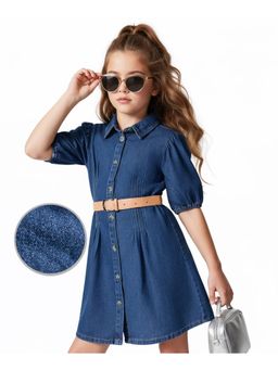 Hola Bonita - Woven Half Sleeves Denim Shirt Dress With Belt