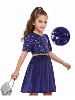Hola Bonita - Knit Half Sleeves Velvet Party Dress With Belt