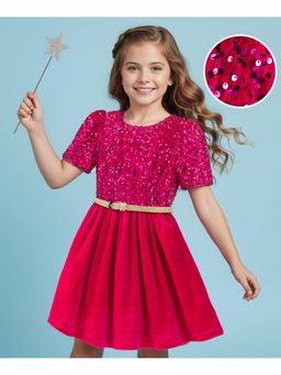 Hola Bonita - Knit Half Sleeves Velvet Party Dress With Belt