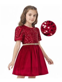 Hola Bonita - Knit Half Sleeves Velvet Party Dress With Belt