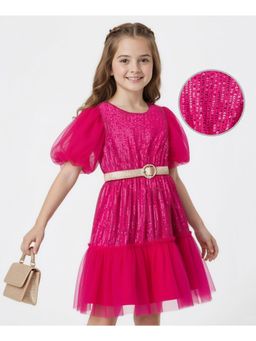 Hola Bonita - Knit Half Sleeves Glitter Mesh Party Dress With Belt