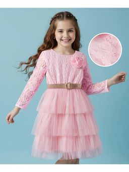 Hola Bonita - Knit Three Fourth Sleeves Lace Party Dress With Belt