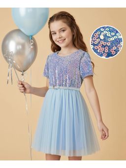 Hola Bonita - Knit Half Sleeves Glitter Mesh Party Dress With Belt