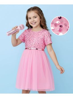 Hola Bonita - Knit Half Sleeves Glitter Mesh Party Dress With Belt