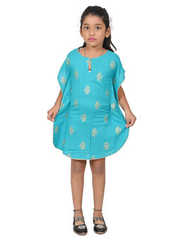 Cloth Bites - Girls Printed Cotton Regular Fit Kurti Style Kaftan Turquoise
