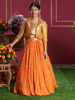 Kirti Agarwal Pret n Couture - Orange Brocade Jacket Style Top & Lehenga (Set of 2)